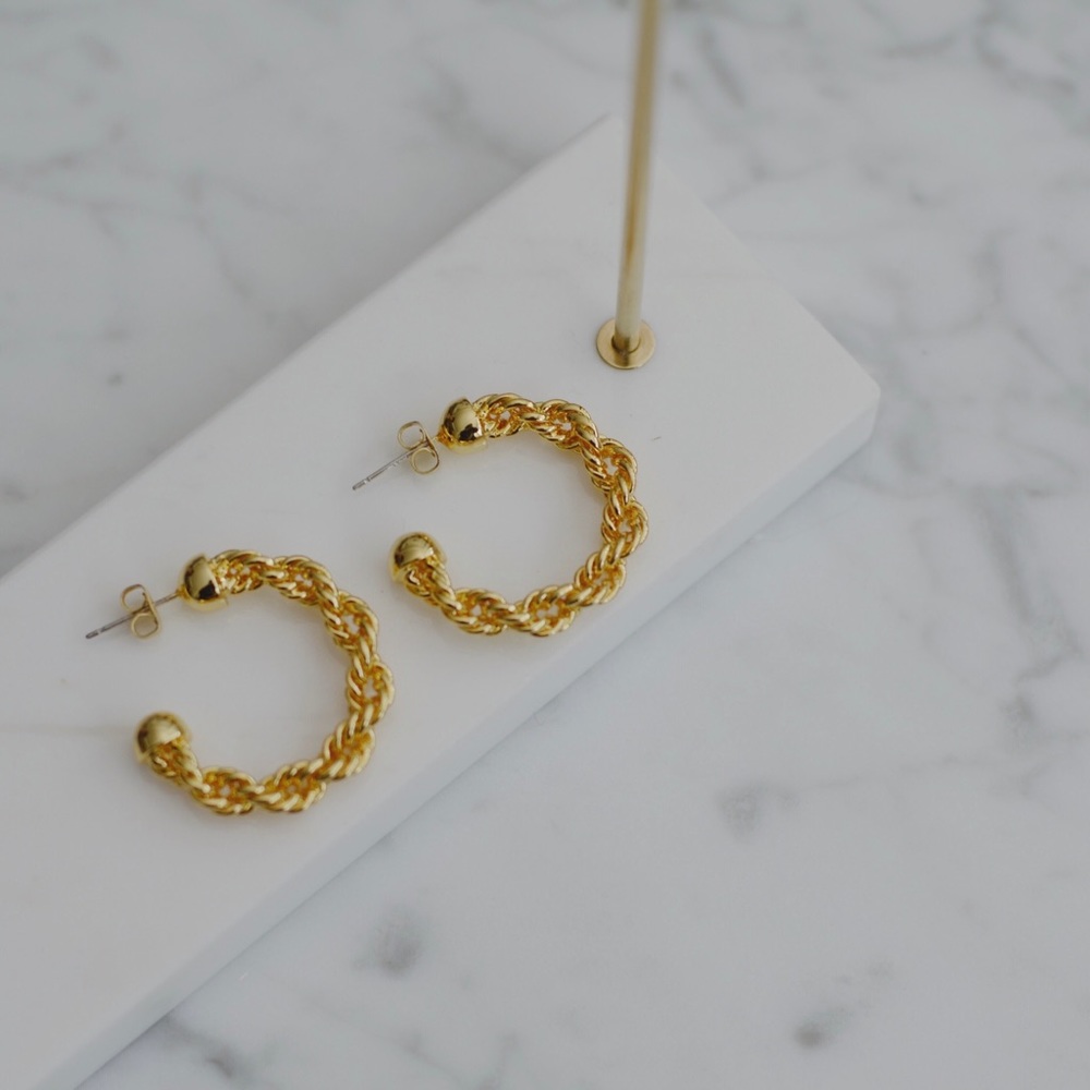 Gold Plated Brass French Rope Twist Hoops Earrings